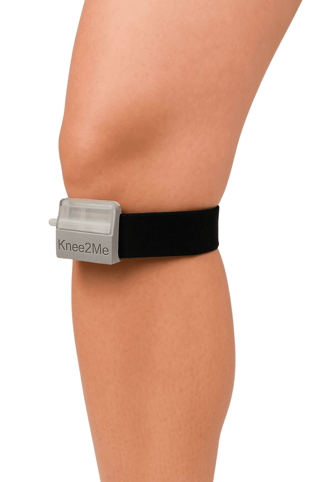 Knee2Me device positioned on leg showing low-profile fit